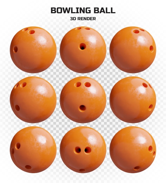 Set of realistic 3d render matte orange bowling balls in high resolution with many perspectives