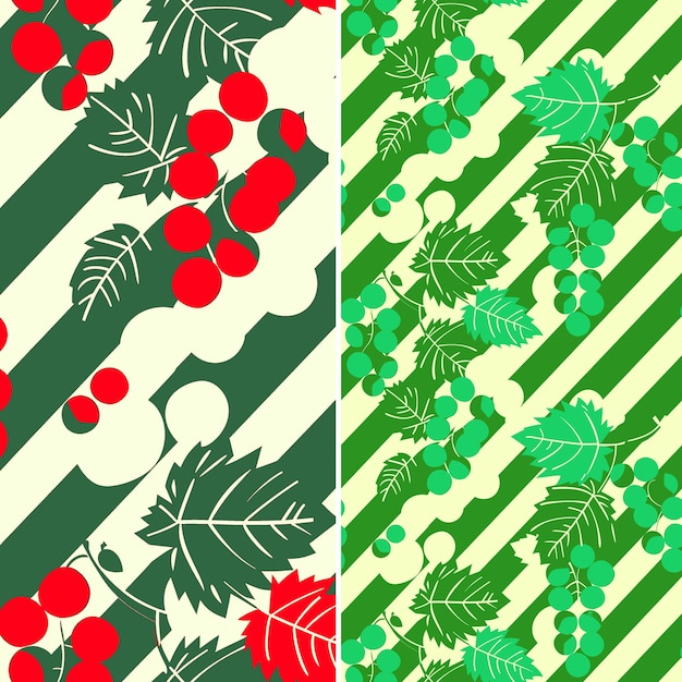 a set of red and green banners with berries and green leaves