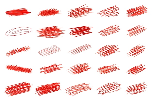 PSD set of red hand drawn brush strokes isolated on transparent background