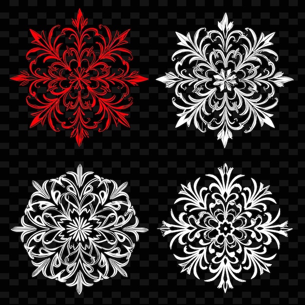 PSD a set of red and white snowflakes with a black background