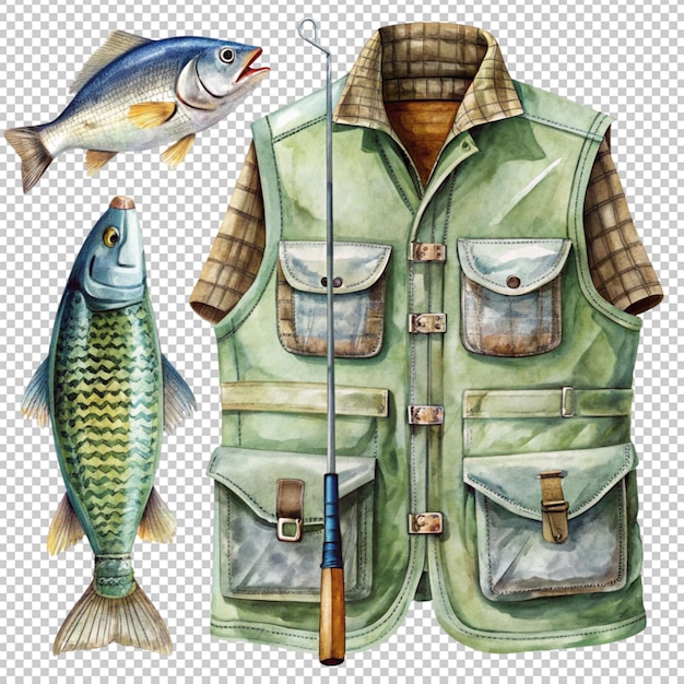 PSD set of river fish and fisherman vest watercolor ha on transparent background