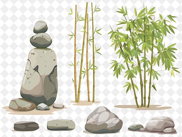 a set of rocks with a tree and a plant in the middle