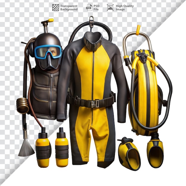 PSD set of scuba diving equipment including oxygen tanks wetsuits and masks