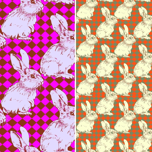 a set of seamless patterns with bunnies and flowers