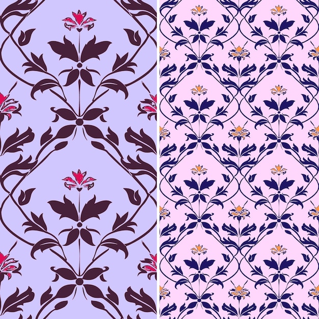 PSD set of seamless patterns with different flowers and leaves on a purple background