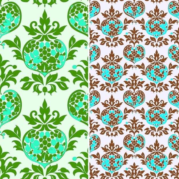 set of seamless patterns with green leaves and flowers on a white background