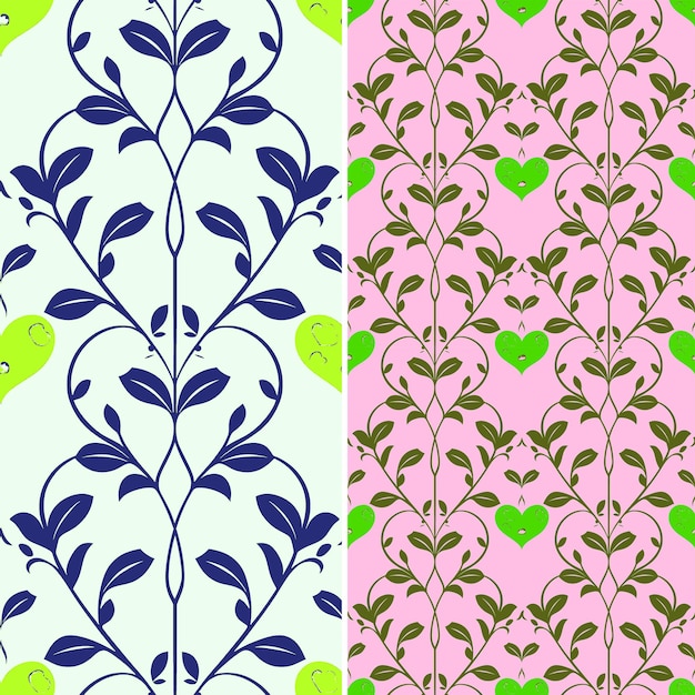 a set of seamless patterns with green leaves and a heart