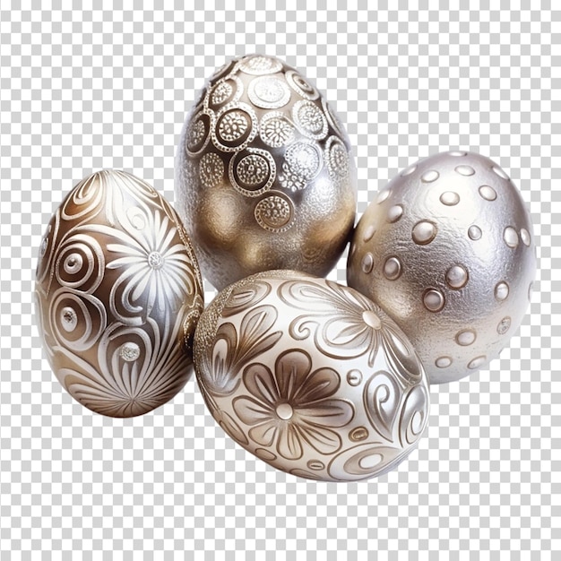 Set of silver painted eggs Isolated on transparent background