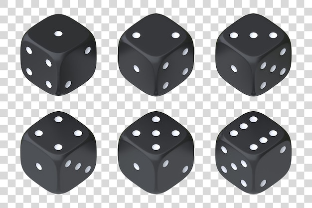 Set of six black dice with white dots hanging in half turn showing different numbers Lucky dice Rolling dice Board games Money bets 3D rendering illustration