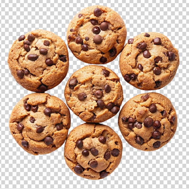 A set of six chocolate chip cookies on transparent background