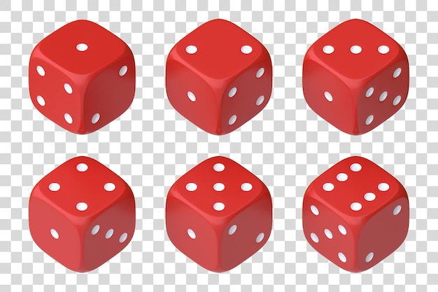 Set of six red dice with white dots hanging in half turn showing different numbers 3D render