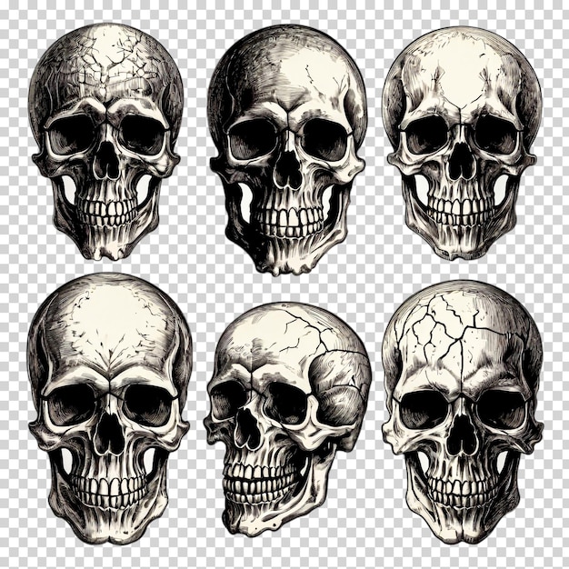 a set of skulls with a skull on the front and the bottom right