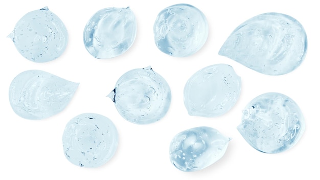 A set of smears and drops or drops of a transparent blue gel serum On an empty transparent background