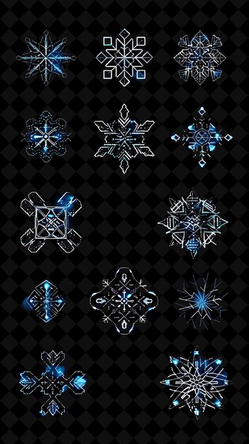 PSD a set of snowflakes and stars on a black background