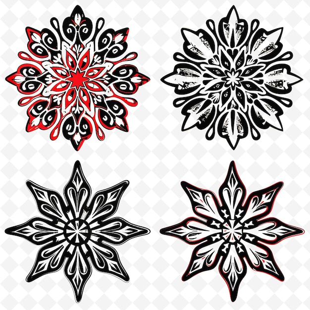 a set of snowflakes that are black and red