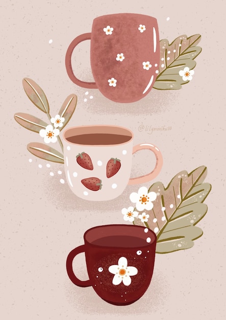 PSD set of soft pink and cream cup illustrations