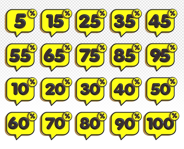 A set of speech bubbles numbers yellow 5 10 15 20 25 30 35 40 45 50 55 60 65 70 75 80 85 90 95 100