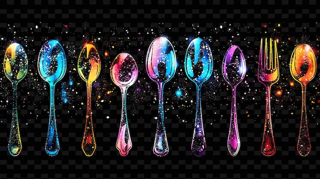 a set of spoons with colorful liquid and stars on a black background