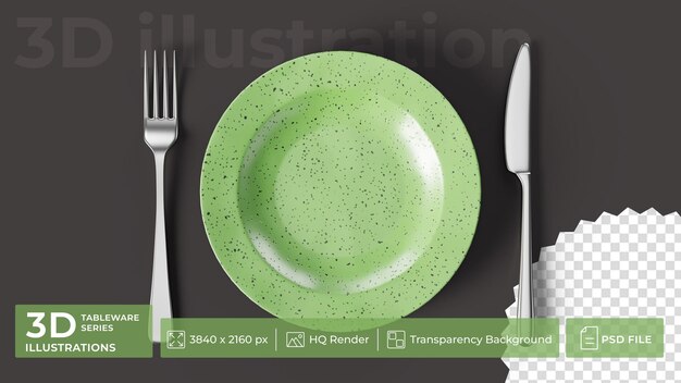 A set of steel fork and knife lies parallel to each other next to a green plate on a dark surface