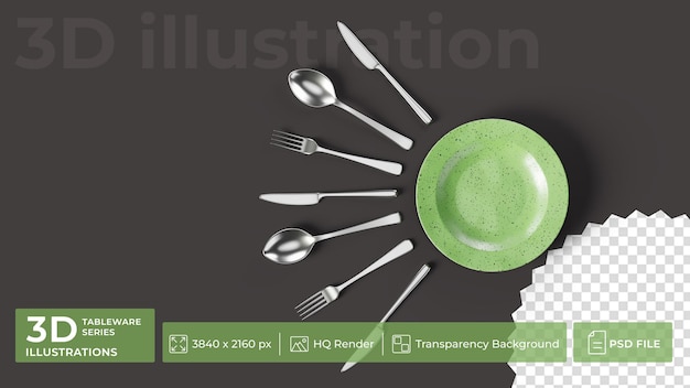 A set of steel spoons knives and forks lie around a green plate on a dark surface