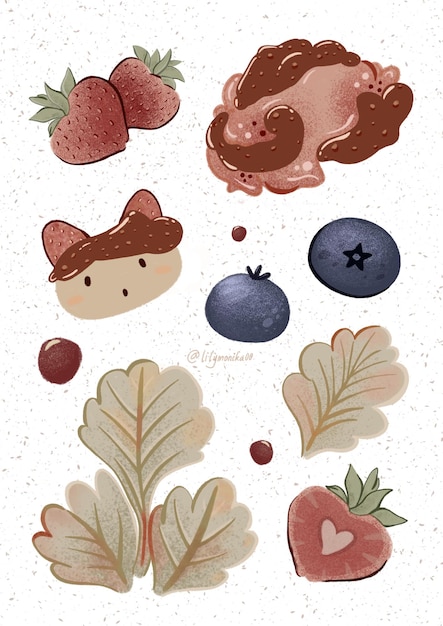 PSD set of strawberry ice cream chocolate sticker patterns