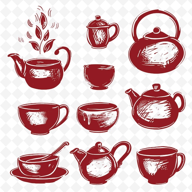 PSD a set of teapots and cups with a picture of a pot with a plant on it