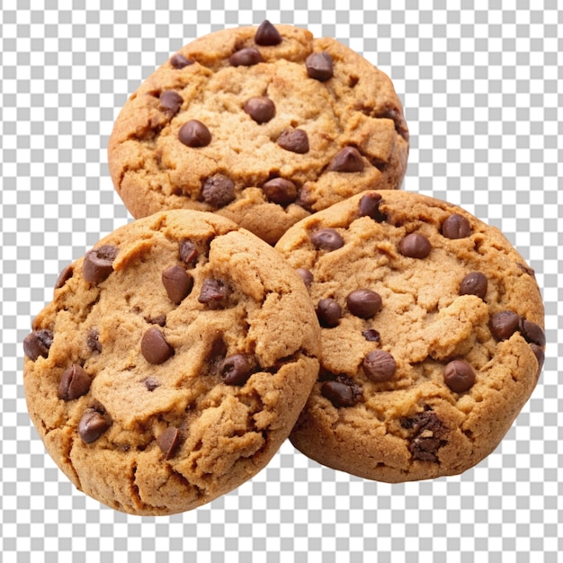 a set of three chocolate chip cookies on transparent background