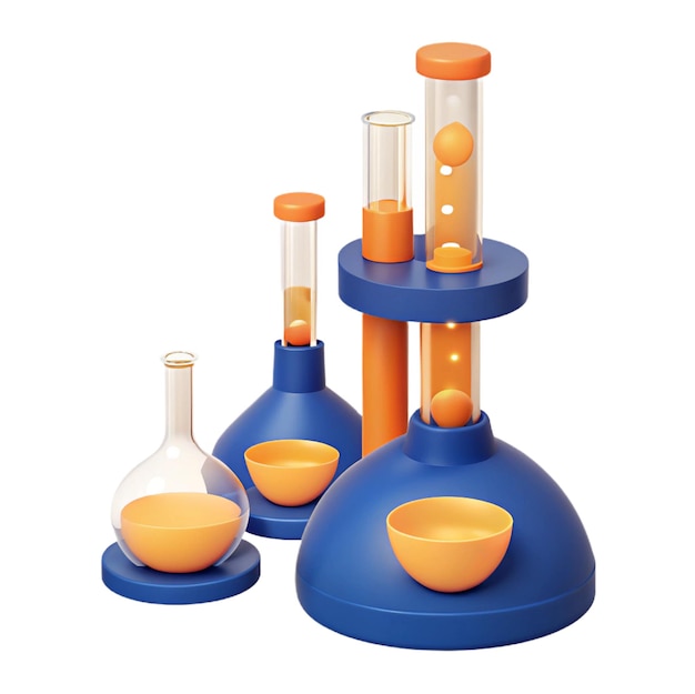 a set of three different colored glass beakers with orange handles