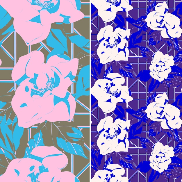 a set of three different patterns with flowers and a blue background