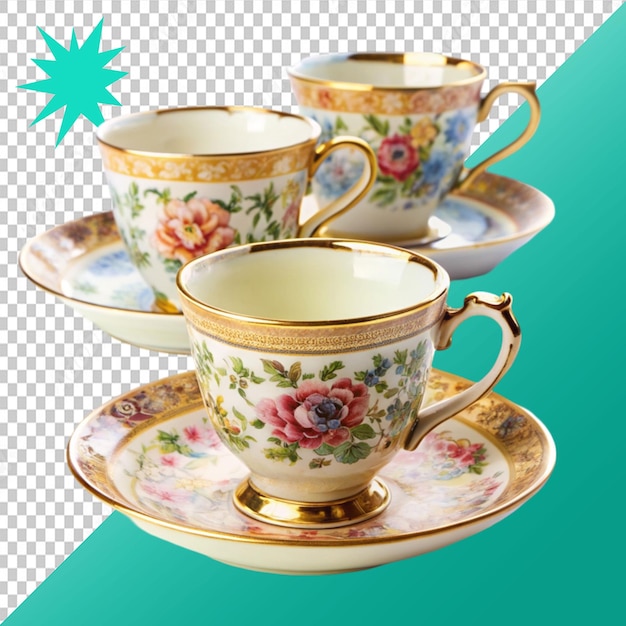 PSD set of three fancy old fashioned tea or coffee cup on transparent background