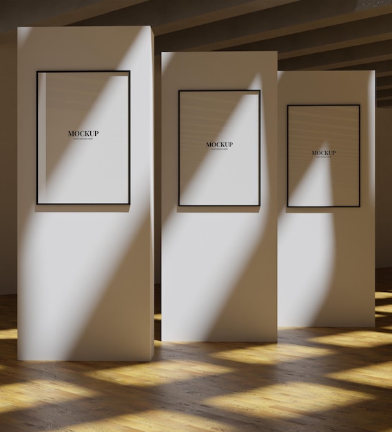 set of three frame mockup poster hanging on the white pilar of art gallery for your design artwork