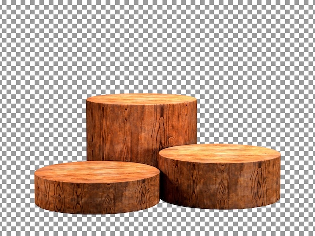 A set of three wooden round objects with transparent background