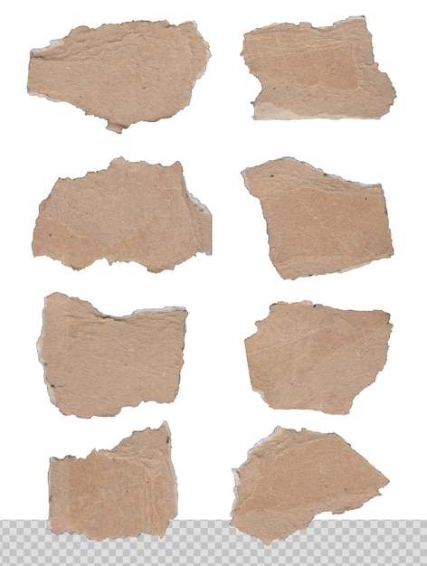 PSD set of torn pieces of brown cardboard on white background can be used for text