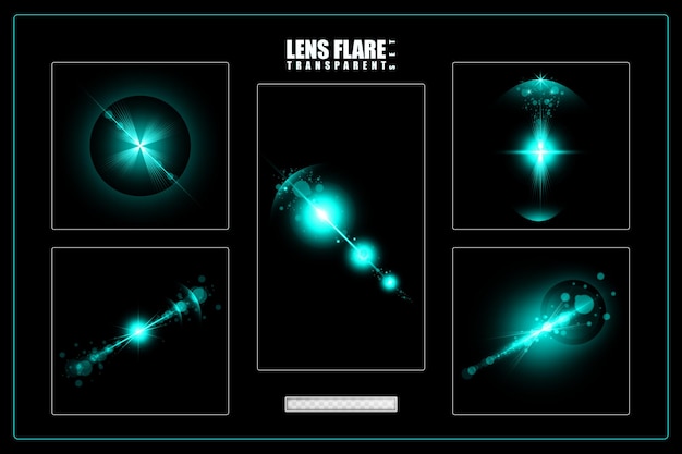 Set of transparent cyan light streak and lens flares