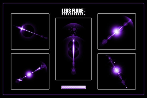 Set of transparent purple light streak and lens flares