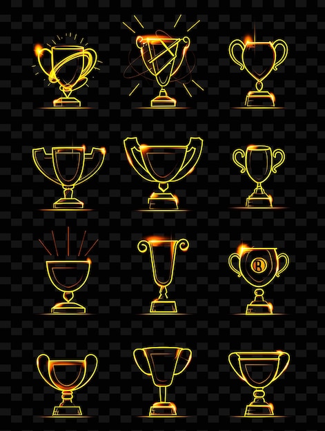 a set of trophies with a yellow background with a black background