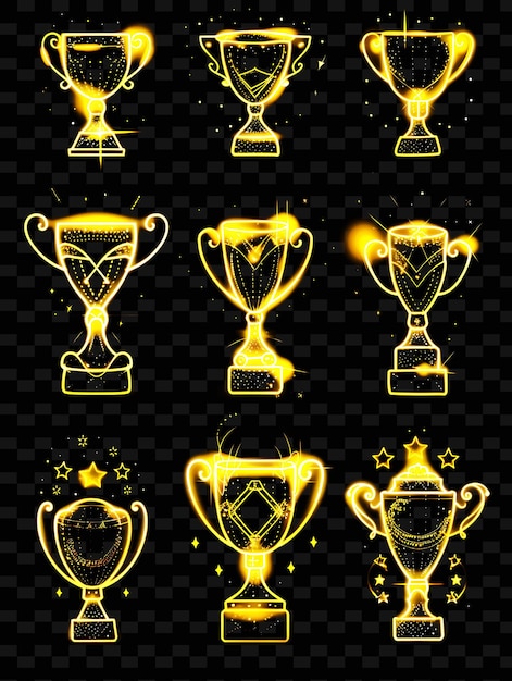 a set of trophies with a yellow background