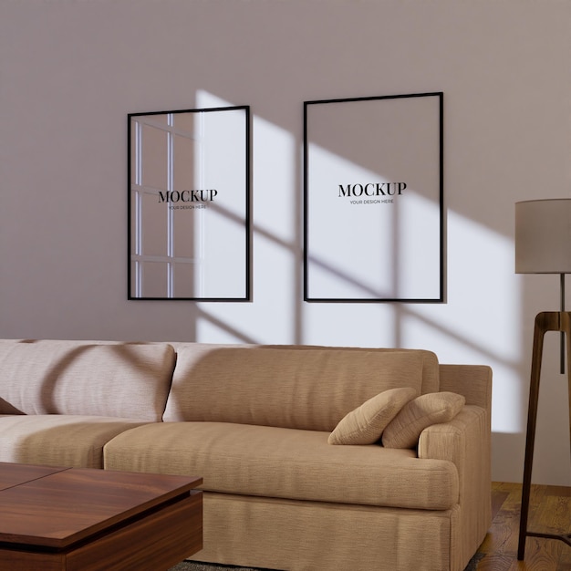 Set of two frame mockup poster template hanging on the white wall in the living room