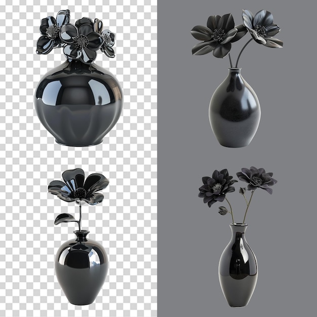 PSD a set of vase with black flower isolated on transparent background