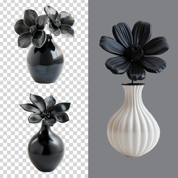 A set of Vase with black flower isolated on transparent background