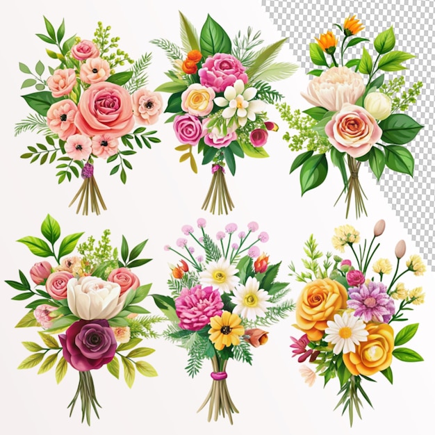 PSD set of vector floral bouquets on transparent background