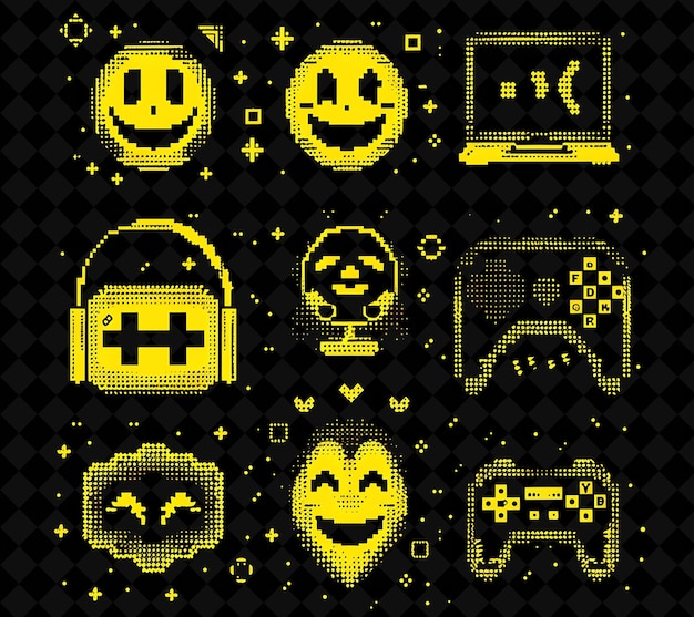 PSD a set of video game screens with yellow and black squares and a black background