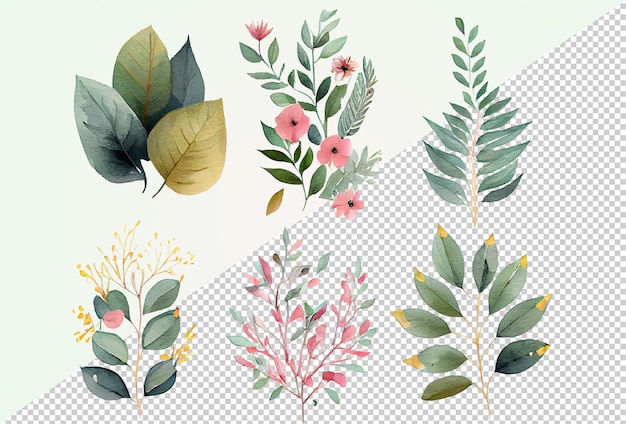 a set of watercolor flowers and leaves Clip-Art on Transparent Background