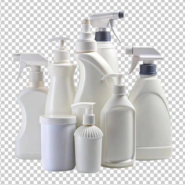 set of white bottles of different cleaning procuct on transparent background