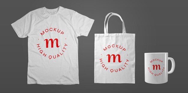 PSD set of white tshirt tote bag and mug mockup