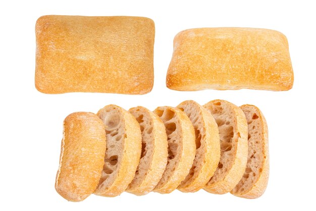 PSD set of whole and sliced ciabatta bread on empty blank background