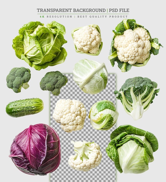 Set with different types of cabbage on white background