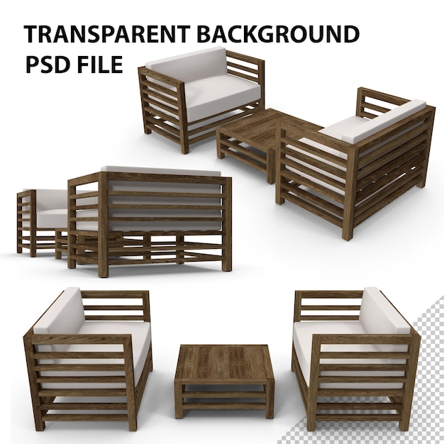 Set of Wood Outdoor Sofas and Table PNG