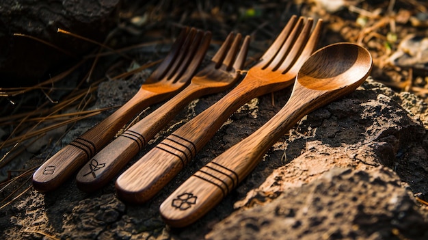 a set of wooden forks and spoons are laying on the ground