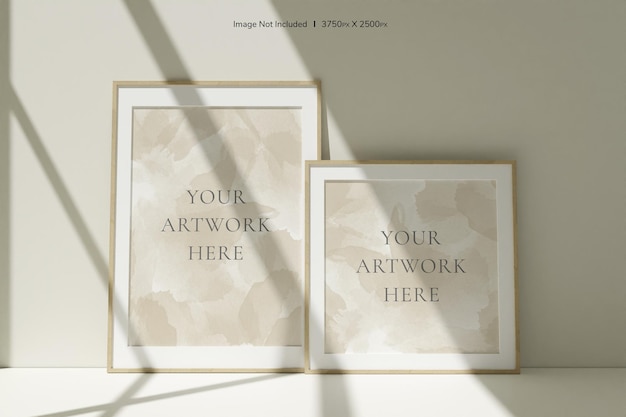 Set of wooden photo frames mockup on the floor leaning against the room wall with shadow